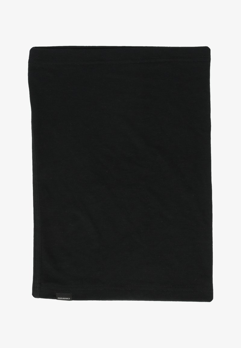 Svart halskrage i mjuk bomull, med en slät yta, rektangulär form och sömmar. Logomärke synligt på sidan.