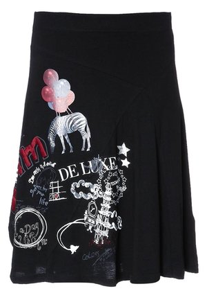 Jupe noire avec des graphismes colorés incluant un zèbre flottant avec des ballons, le texte "DE LUXE", des étoiles et des gribouillis abstraits.