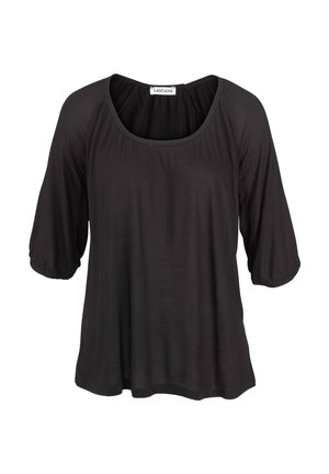 Black, short-sleeve top with a rounded neckline. Made of soft, lightweight fabric with gathered details at the shoulders and hem. Casual fit.