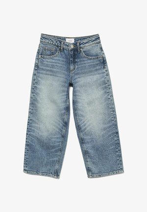 Lichtblauwe denim wijde jeans met een vervaagde wassing, voorzien van een knoopsluiting aan de voorkant, twee zijzakken en een rechte zoom.