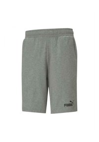 Grå bomulds sportshorts med elastisk talje, sidelommer og et sort Puma-logo på venstre ben. Klassisk casual design.