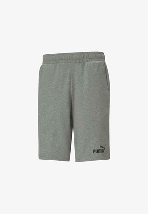 Grå bomulds sportshorts med elastisk talje, sidelommer og et sort Puma-logo på venstre ben. Klassisk casual design.