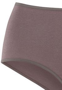 Mutandine a vita alta in cotone mauve con una texture liscia, dotate di una cintura e di rifiniture grigie a contrasto. Senza ulteriori motivi o accessori.