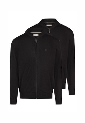 To ensfarvede sorte cardigans med lynlås, ribbede manchetter og kraver, vist forfra og bagfra.