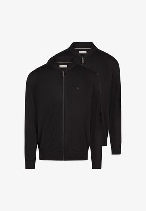 Dwa identyczne czarne kardigany na zamek z prążkowanymi mankietami i kołnierzami, pokazane z przodu i z tyłu.