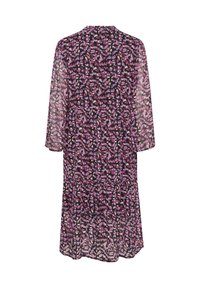 Chiffon dress featuring a dark base with a floral pattern in pink, purple, and white, and three-quarter length sleeves.