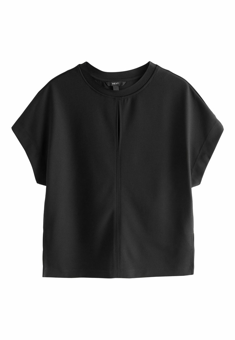 Czarny, krótki top z krótkimi rękawami i okrągłym dekoltem, wykonany z gładkiej tkaniny, z centralnym szwem jako detalem. Prosty i minimalistyczny design.