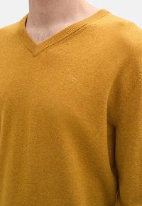 Suéter en V color mostaza. Hecho de una tela suave con una textura lisa. Presenta un sutil logo en el pecho y un cuello de canalé.