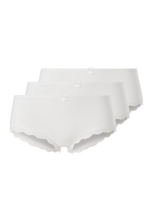 White hipster panties set of three, featuring lace trim and small bow accents. Smooth fabric with a soft texture and a seamless design.