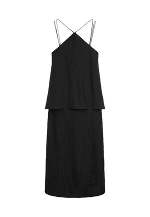 Vestito midi nero senza maniche con doppie sottili bretelle e design a strati in tessuto strutturato.