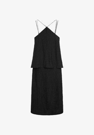 Schwarzes ärmelloses Midikleid mit doppelten dünnen Schulterträgern und mehrlagigem strukturiertem Stoffdesign.
