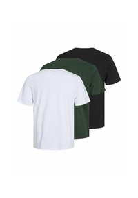 Drie T-shirts met korte mouwen opgestapeld: één wit, één donker groen en één zwart. Allemaal gemaakt van katoen met een klassiek ronde halsontwerp.