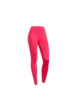 Leggings aderenti di un brillante colore rosa, realizzati in tessuto elasticizzato. Presentano una vita alta e una texture liscia senza motivi o accenti visibili.