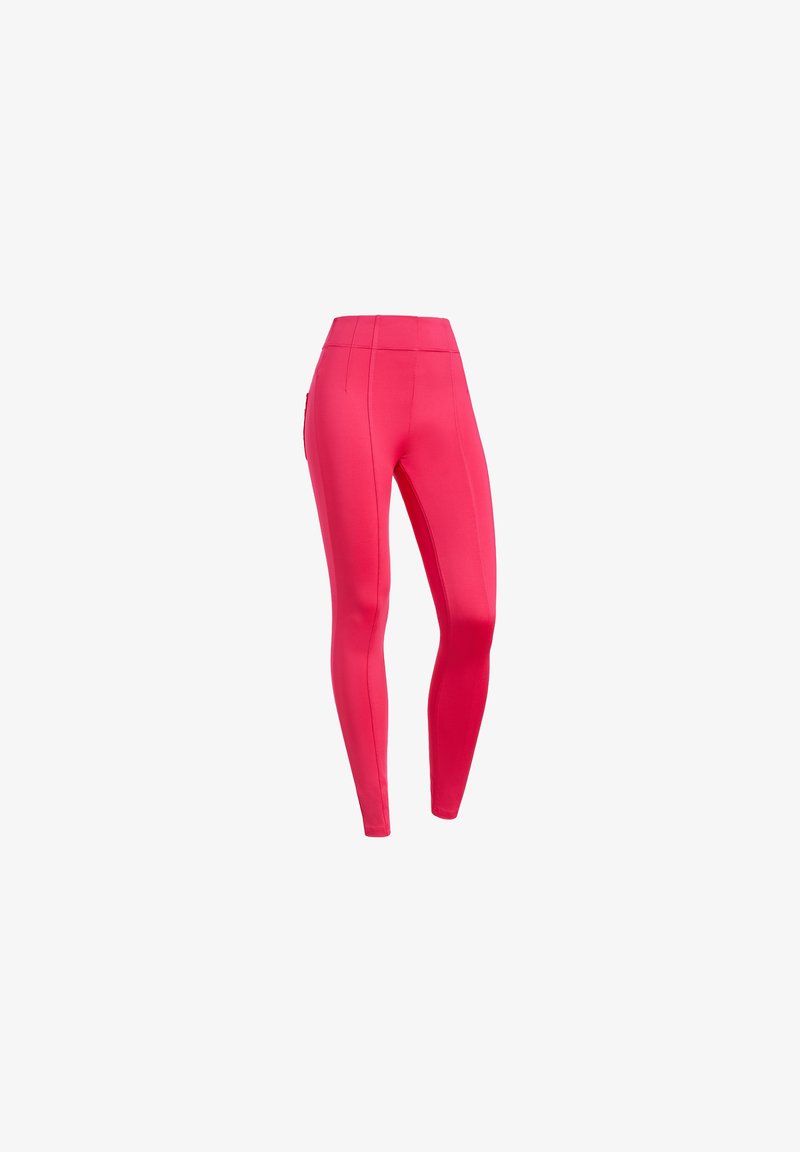 Leggings ajustados en un rosa brillante, hechos de una tela elástica. Presentan una cinturilla alta y una textura suave, sin patrones ni acentos visibles.