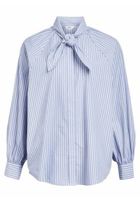 Blusa a righe azzurro chiaro e bianco con colletto arricciato a fiocco, maniche lunghe a sbuffo e bottoni frontali, realizzata in tessuto liscio.