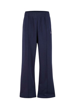 Tamsiai mėlynos, plačios kojų sportinės kelnės, pagamintos iš minkštos medžiagos. Yra elastinga juosmens juosta ir subtilūs siuvinėjimo elementai priekyje.