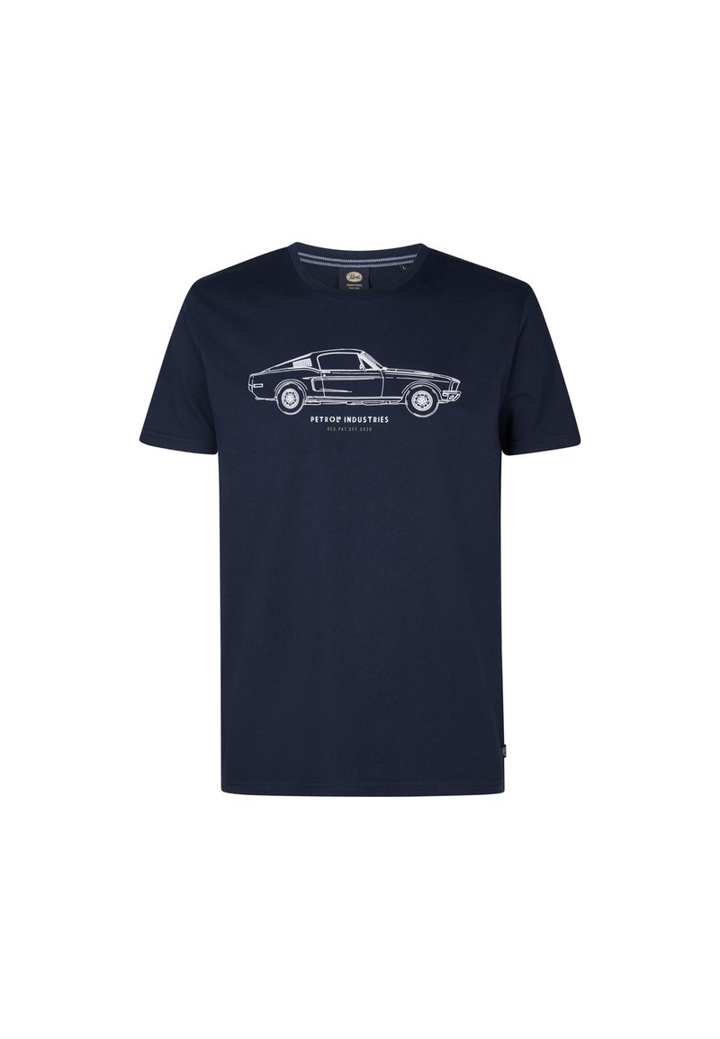 Marineblå bomulds T-shirt med en hvid kontur grafik af en vintage bil og teksten "PETROF INDUSTRIES" nedenfor. Rund hals, korte ærmer.