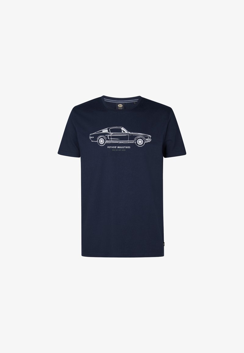 Námořnická modrá bavlněná tričko s bílým obrysem vintage automobilu a textem "PETROF INDUSTRIES" pod ním. Kulatý výstřih, krátké rukávy.