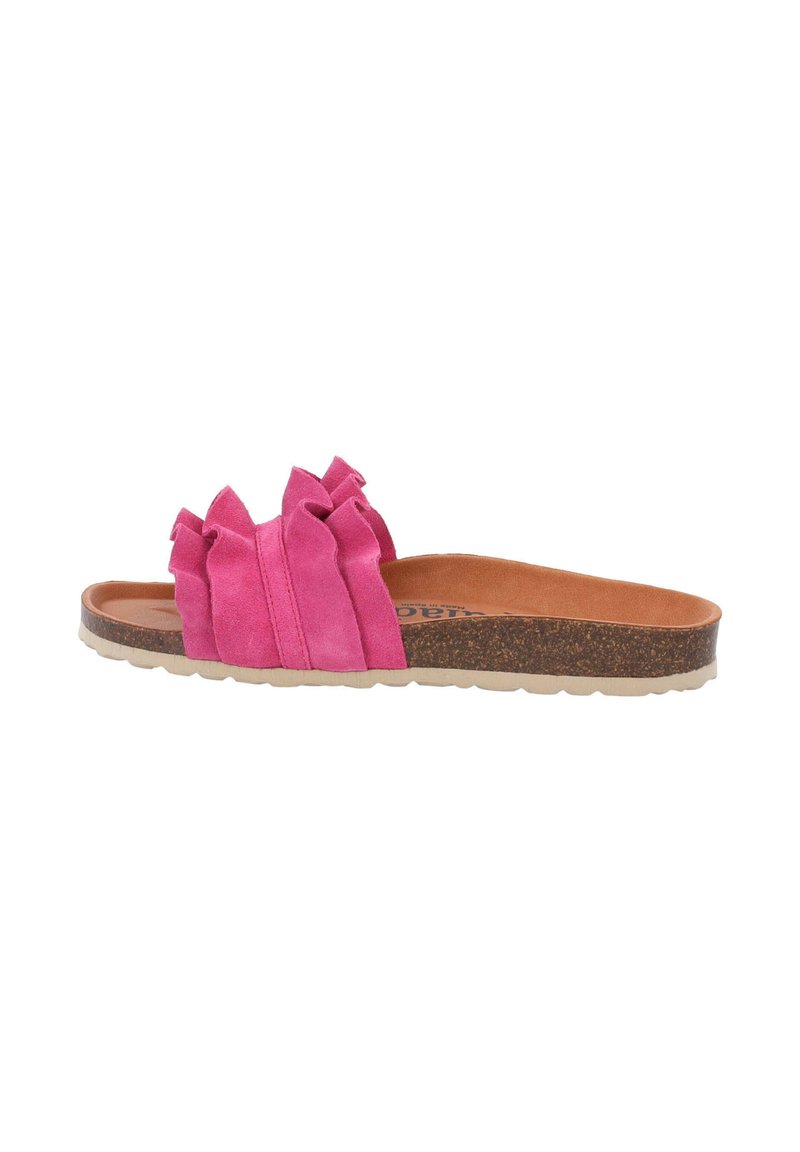Roze suede schuif sandaal met een gestructureerd, gerimpeld ontwerp op de bovenkant, kurken voetbed en flexibele rubberen buitenzool.