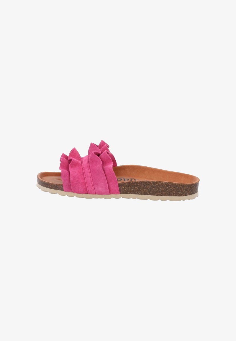 Pink suede slide sandal with a textured, ruffled design on the upper, cork footbed, and flexible rubber outsole.