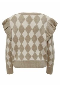 Pull tricoté beige et crème avec motif losanges, présentant des accents à volants sur les épaules et une coupe courte.