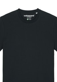 Zwart T-shirt met korte mouwen gemaakt van zachte stof, met een ronde hals en een label met het merk "wataparel" en instructies voor onderhoud.