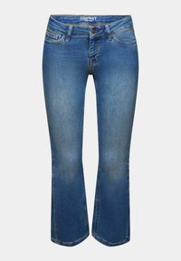 Jean en denim bleu avec légère décoloration aux cuisses, taille mi-haute, passants pour ceinture, bouton à l'avant, fermeture éclair et légère évasement aux ourlets.