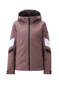 Rosa und beige Skijacke mit Kapuze, diagonal farblich abgesetzt, mit schwarzen Akzenten und einem Reißverschluss vorne. Strukturiertes Innenfutter.