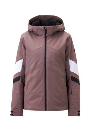 Pink and beige ski jacket with a hood, featuring diagonal color blocking, black accents, and a zippered front. Textured inner lining.