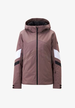 Pink and beige ski jacket with a hood, featuring diagonal color blocking, black accents, and a zippered front. Textured inner lining.