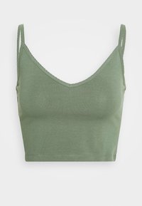 Top corto verde con spalline sottili doppie e scollatura a V, esposto su uno sfondo bianco semplice.
