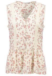 Blumiges, ärmelloses Oberteil in Creme mit rosa Mustern, mit V-Ausschnitt, Knopfleiste und gewebten Akzenten entlang der Seitennaht und Taille.