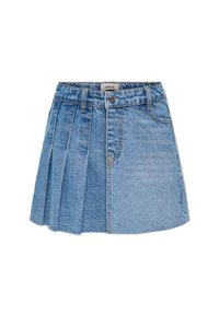 Gonna mini in denim blu con un design a pieghe, chiusura frontale con bottoni e due tasche laterali. Presenta un tessuto testurizzato e un lavaggio chiaro.