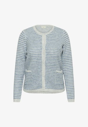 Cardigan rayé bleu et blanc avec un col rond, fermeture à boutons, deux poches avant et texture douce.
