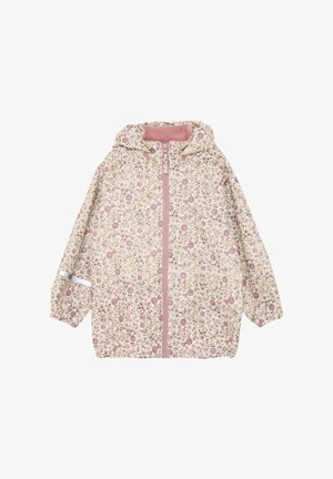 Veste à capuche pour enfant avec fermeture éclair rose et poignets élastiques, ornée d'un imprimé floral petit format en rose, violet et beige.
