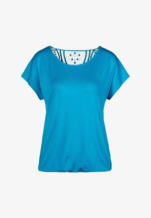 Türkisfarbenes T-Shirt mit kurzen Ärmeln, rundem Halsausschnitt und Latzacken-Detail auf der Rückseite. Der Stoff ist glatt und hat einen entspannten, lockeren Schnitt.