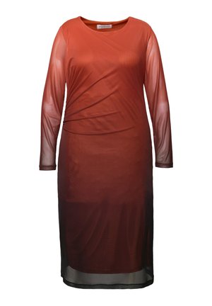 Durchsichtiges Langarmkleid in einem Farbverlauf von tiefrot zu schwarz. Es hat einen runden Ausschnitt und geraffte Details auf der Vorderseite.
