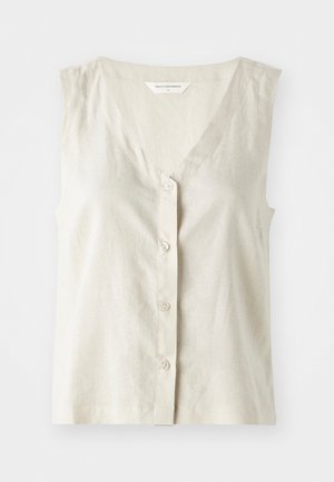 Lys beige lin uermes topp uten ermer med V-hals og fem knapplukking. Har en subtil tekstur og rett falm.