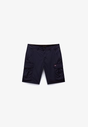 Pantaloncini cargo blu navy in tessuto leggero con quattro tasche, due sui lati e due davanti, dotati di chiusura con bottone e cerniera.