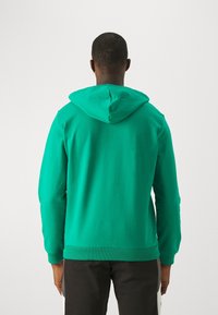 Felpa con cappuccio verde dal taglio rilassato, caratterizzata da una superficie liscia e polsini a costine. La vista posteriore mostra un colore uniforme e dettagli delle cuciture.