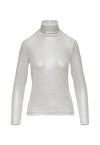 Silberner Rollkragenpullover aus glänzendem, elastischem Stoff; mit langen Ärmeln und einer figurnahen Passform. Glatte Textur mit leichtem Schimmer.
