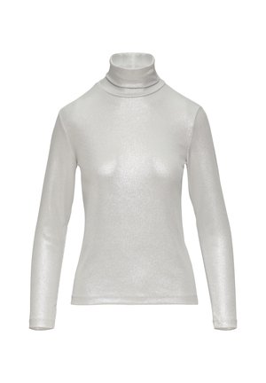 Silberner Rollkragenpullover aus glänzendem, elastischem Stoff; mit langen Ärmeln und einer figurnahen Passform. Glatte Textur mit leichtem Schimmer.