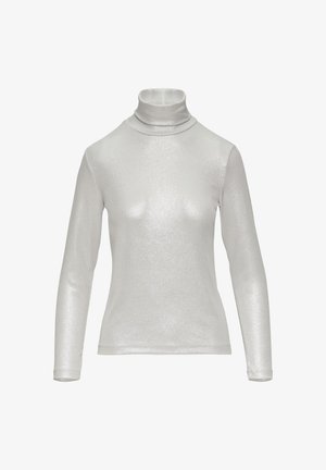 Zilveren turtleneck top gemaakt van glanzende, rekbare stof; heeft lange mouwen en een aangesloten ontwerp. Glad textuur met een lichte glans.
