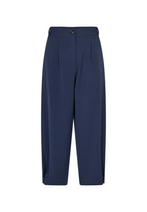 Pantaloni blu navy con pinces, realizzati in un tessuto morbido. Presentano una chiusura frontale con bottone e un design rilassato e a gamba larga.