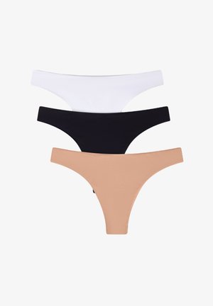 Tre paia di perizomi da donna in bianco, nero e beige. Realizzati in un tessuto morbido ed elastico con una texture liscia e cuciture minime.