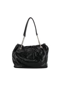 Borsa a tracolla in pelle nera con design arricciato, manici in catena argentata e dettaglio con logo. Texture liscia con finitura lucida.