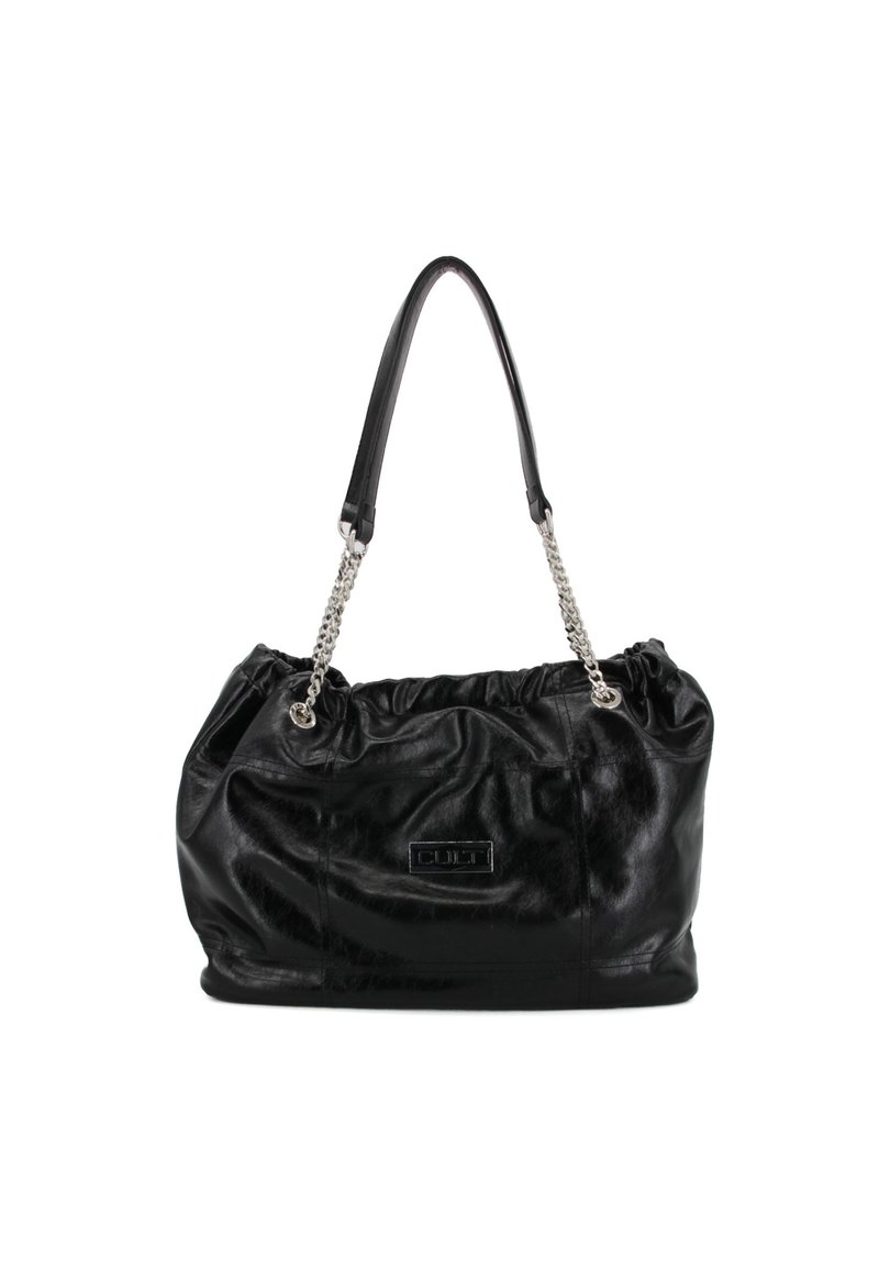 Borsa a tracolla in pelle nera con design arricciato, manici in catena argentata e dettaglio con logo. Texture liscia con finitura lucida.