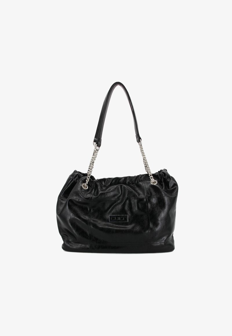 Borsa a tracolla in pelle nera con design arricciato, manici in catena argentata e dettaglio con logo. Texture liscia con finitura lucida.