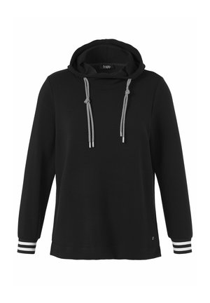 Schwarzer Kapuzenpullover mit langen Ärmeln, weißen gestreiften Bündchen und dicken weißen Kordeln mit Knoten, ausgestattet mit einer Fronttasche und einem kleinen Logo nahe dem Saum.