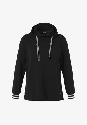 Schwarzer Kapuzenpullover mit langen Ärmeln, weißen gestreiften Bündchen und dicken weißen Kordeln mit Knoten, ausgestattet mit einer Fronttasche und einem kleinen Logo nahe dem Saum.